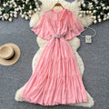 French court style lantern sleeve tiered dress - women's summer tie-waist a-line maxi dress - slimming & elegant