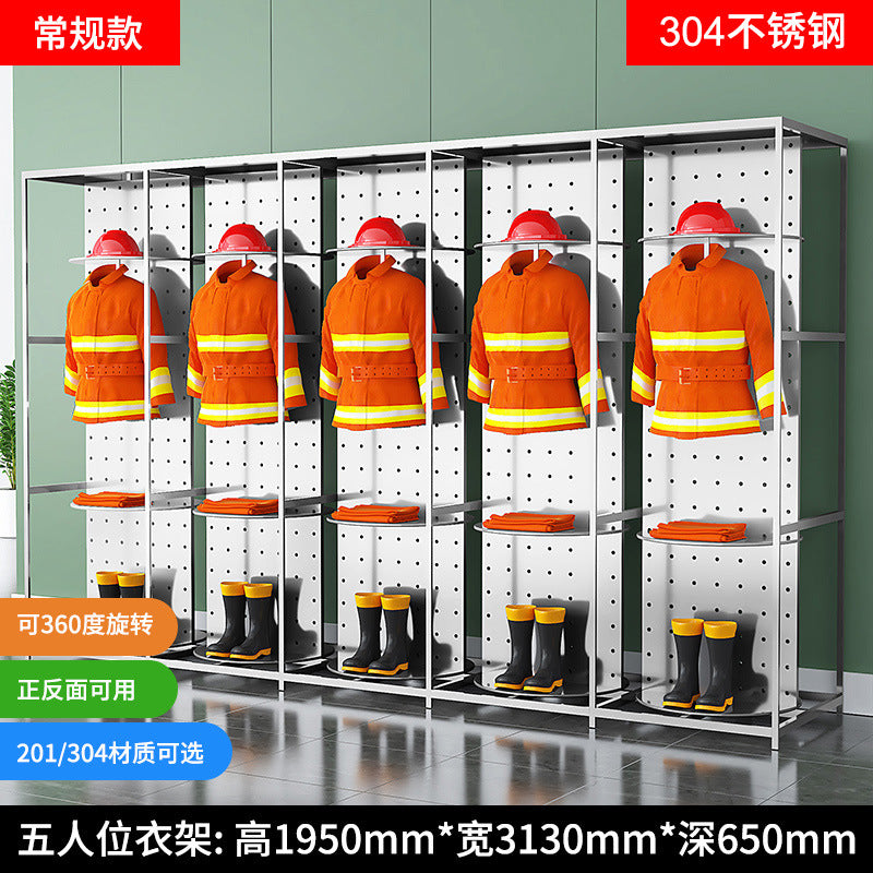 Stainless steel fire fighting clothes rack Double-sided rotating rescue team equipment rack Fire and chemical protection life-saving clothing storage rack