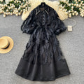 Frenchclassy heavy industry nail drill lapel lantern sleeve waist mesh tassel patchwork large swing puffy dress for women