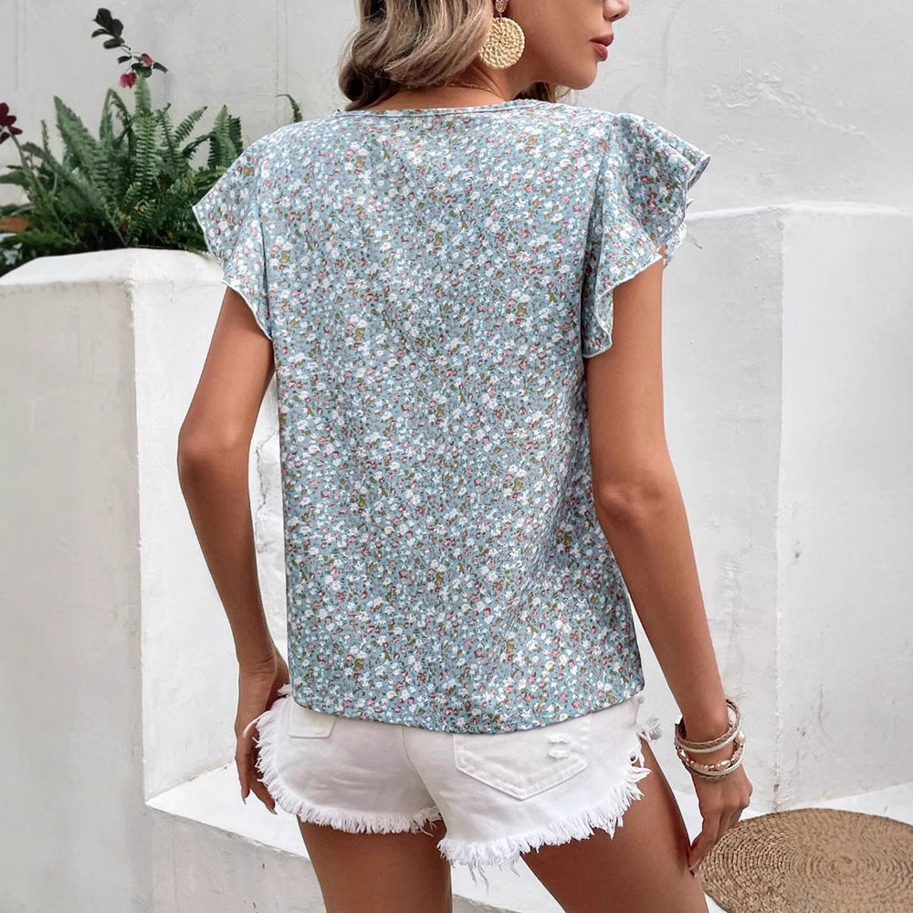 european and american women's clothing  summer round neck chiffon blouse - women's fashion trendy floral short sleeve top