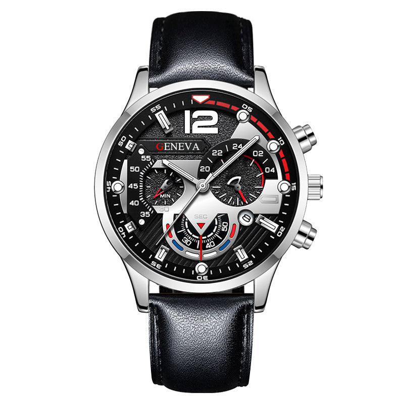 Men's cross-border fashion watch - date, six-hand, leather strap, quartz movement, luminous sports wristwatch - wholesale gold