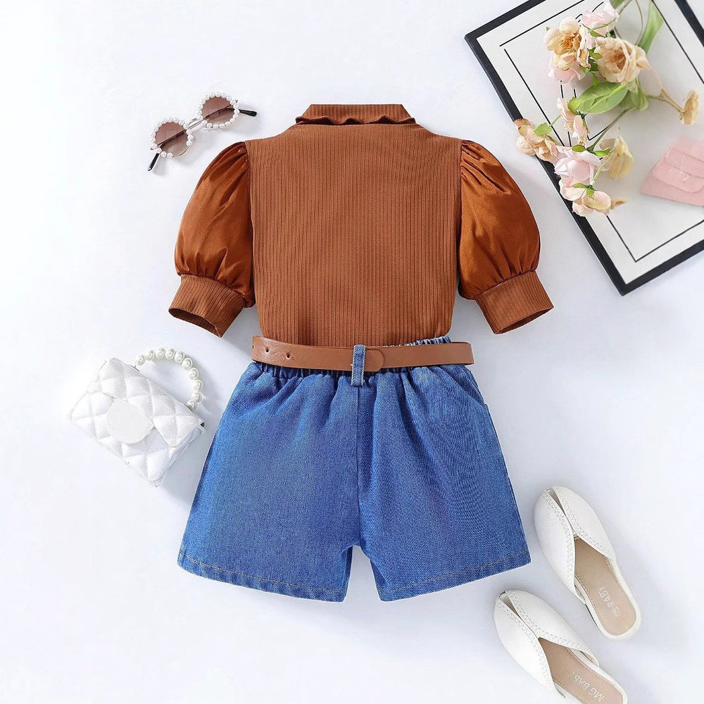 hot selling girls' ruffle-neck bubble sleeve patchwork top & heavy-duty washed denim shorts set with belt