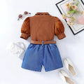 hot selling girls' ruffle-neck bubble sleeve patchwork top & heavy-duty washed denim shorts set with belt