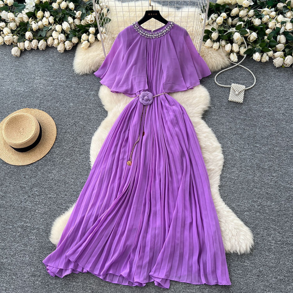 French fashion heavy industry diamond round neck shawl patchwork strap waist slimmingelegantpleated chiffon dress for women