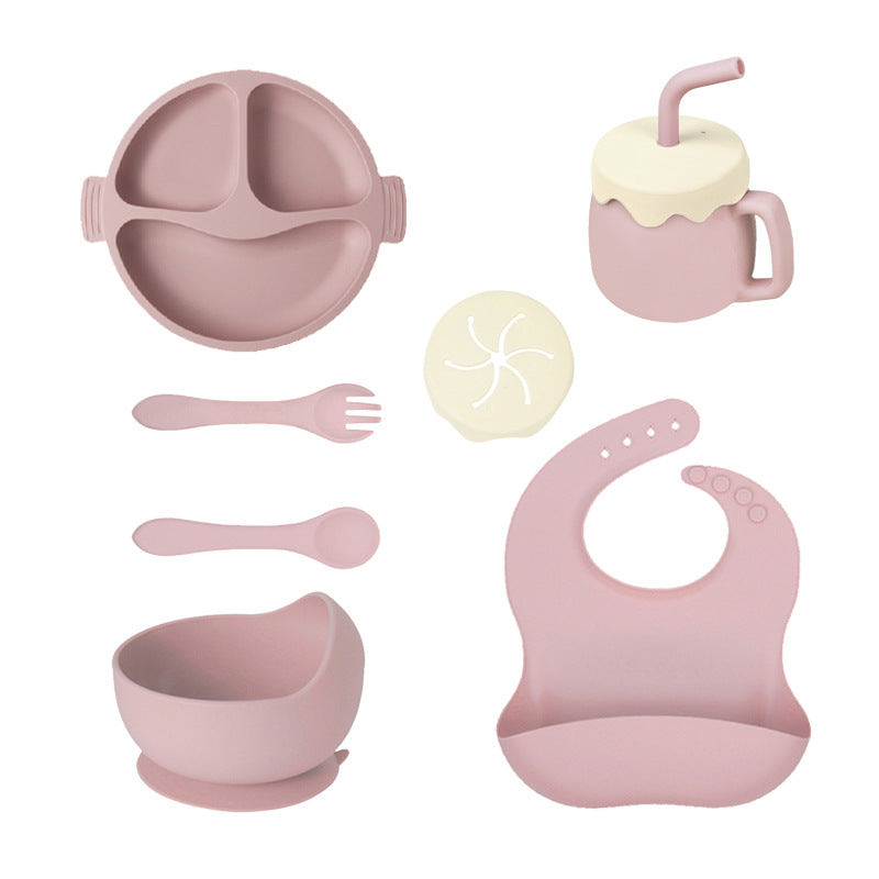 Children's Silicone Plate 7-piece Set Baby Separate Plate Feeding Bib Water Cup Fork Spoon Supplementary Food Bowl Tableware