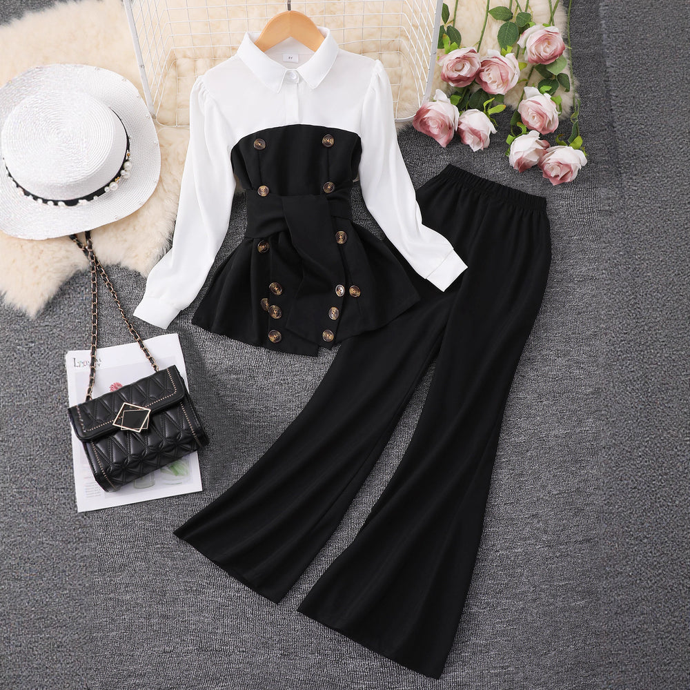 Girls' two-piece outfit: patchwork top + flare pants set