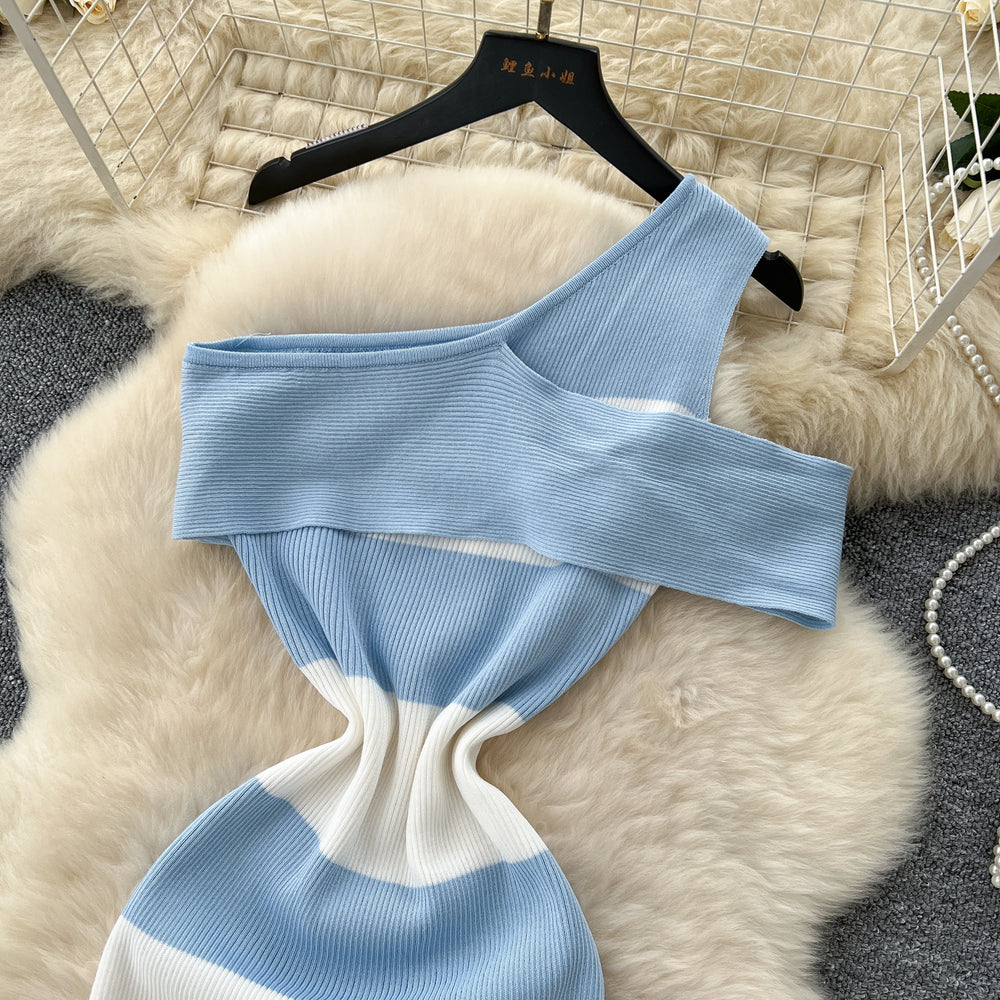 Goddess-style sense of design, slanted shoulders, sleeveless, color-blocked stripesdress, women's pure lusty girl silmknitting long skirt