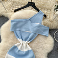 Goddess-style sense of design, slanted shoulders, sleeveless, color-blocked stripesdress, women's pure lusty girl silmknitting long skirt