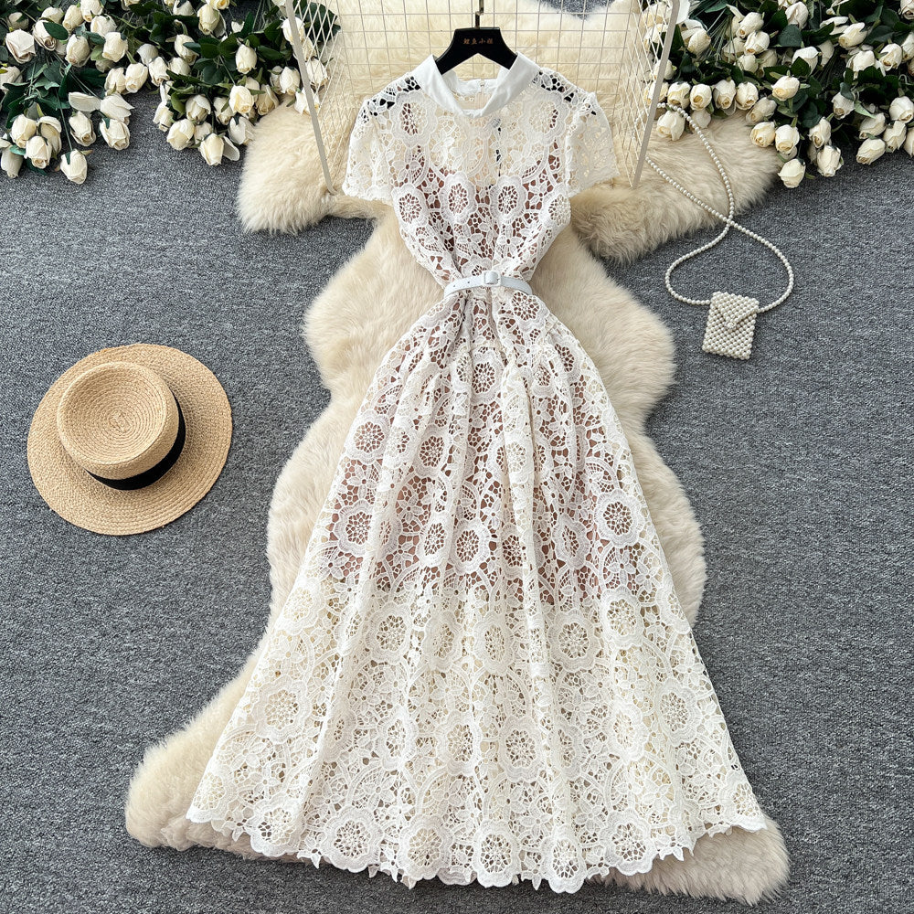 Korean style lace hollow-out sweet design dress - women's summer high-waisted a-line dress - commute-friendly, elegant, and chic maxi dress