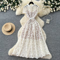 Korean style lace hollow-out sweet design dress - women's summer high-waisted a-line dress - commute-friendly, elegant, and chic maxi dress