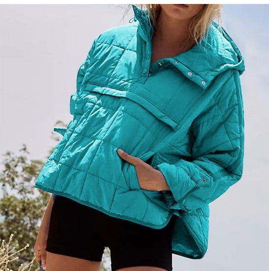 European and american  new casual fashion solid color cotton padded jacket, loose fit long sleeve pullover hoodie with round hem top