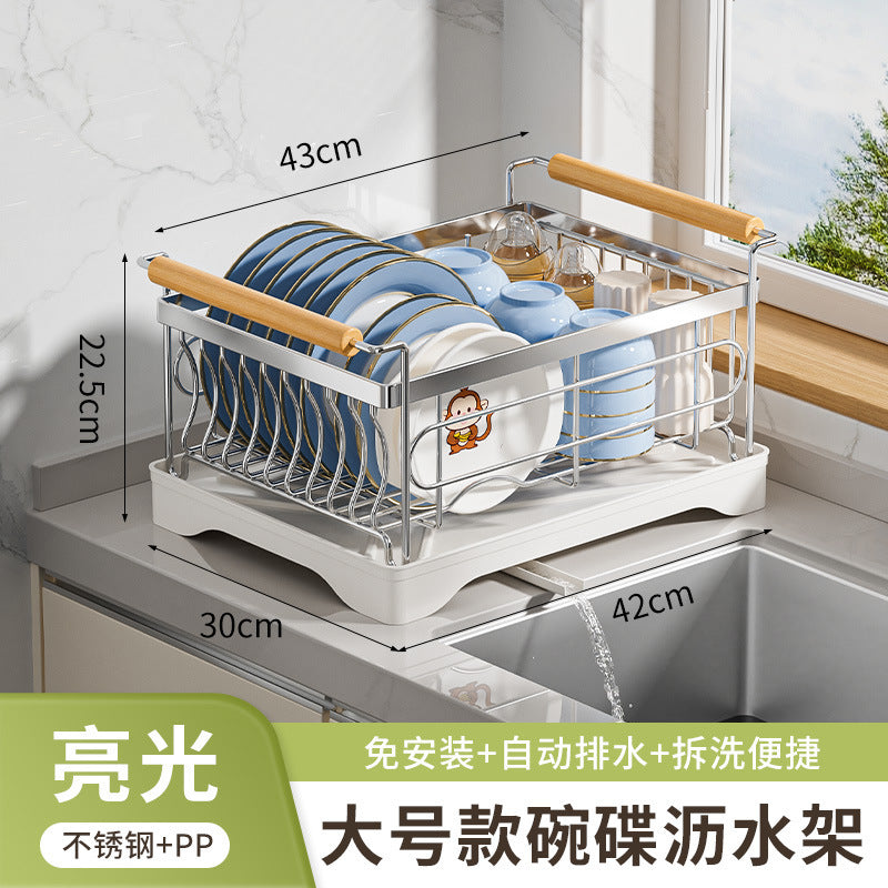 Stainless steel bowl rack, kitchen rack, countertop, household single-layer drain tray rack, large-capacity tableware and dish storage rack