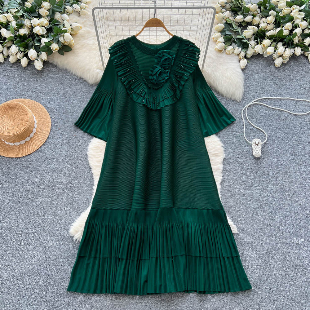 European and american niche style heavy beaded 3d floral flared sleeve dress - women's loose fit slimming a-line pleated maxi dress