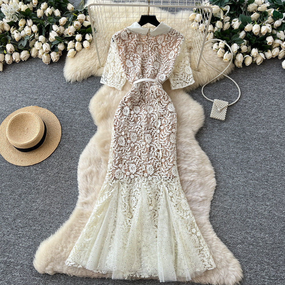 Elegant lace collar dress - women's summer slimming fishtail maxi dress with short sleeves, perfect for work - apricot