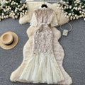 Elegant lace collar dress - women's summer slimming fishtail maxi dress with short sleeves, perfect for work - apricot