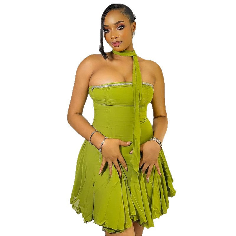 European and american cross-border women's fashion:  summer new arrivals - sexy and chic bandeau mini dress with asymmetrical hem and strappy detail