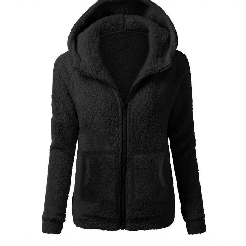 women's fashion solid color hoodie - loose fit plush zip-up jacket top