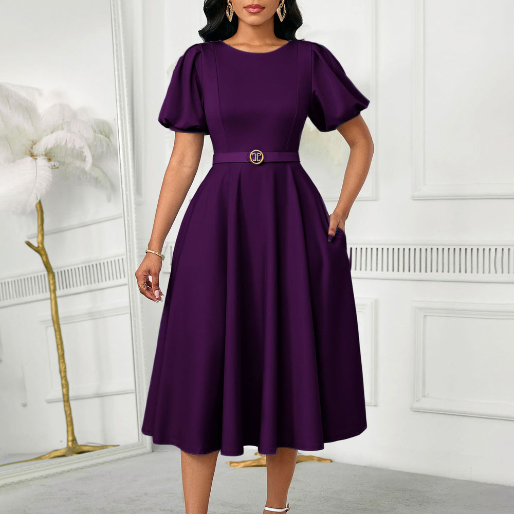 D590  independent station women's clothing  summer new style puff sleeves pure color large skirt foreign trade cross-border dress