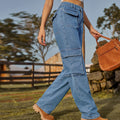 American retro european and american cross-border  new washed semi-elastic multi-pocket denim workwear casual pants for women