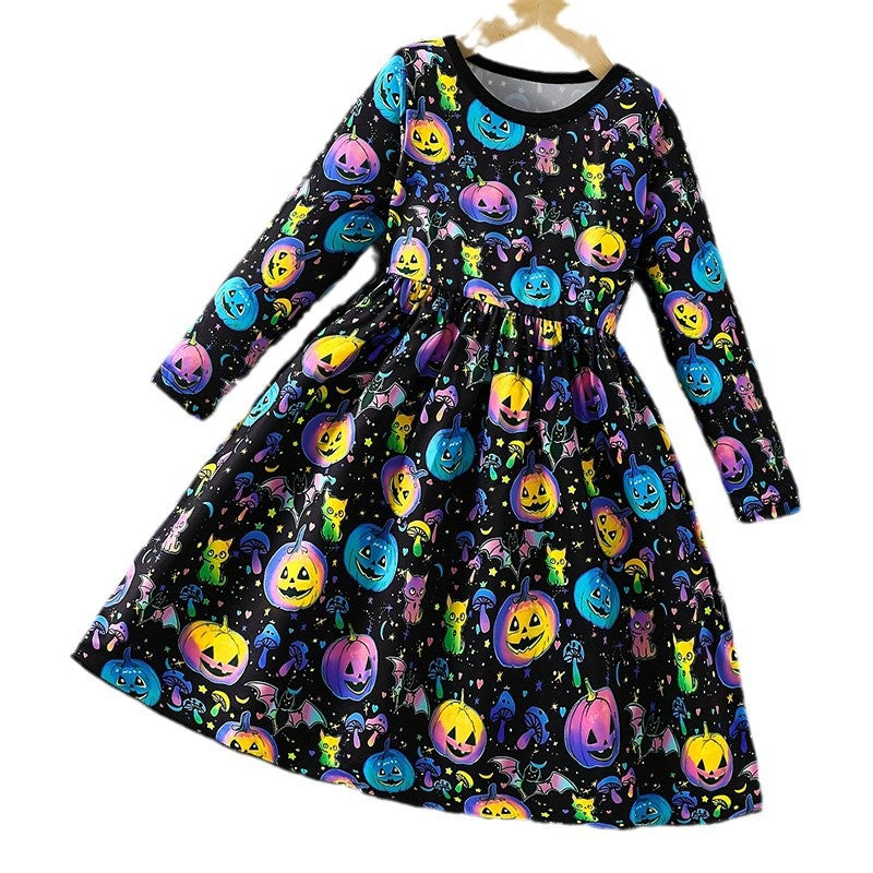 girls' halloween dress - solid color, all-over pumpkin head print, creative glow-in-the-dark party long-sleeve dress for kids