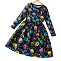 girls' halloween dress - solid color, all-over pumpkin head print, creative glow-in-the-dark party long-sleeve dress for kids