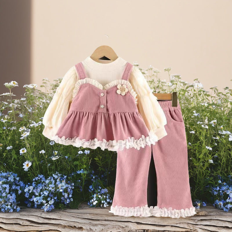 Girls'  spring new arrival set: kids' round neck long sleeve top with elastic waist lace pants - stylish baby spring/autumn outfit