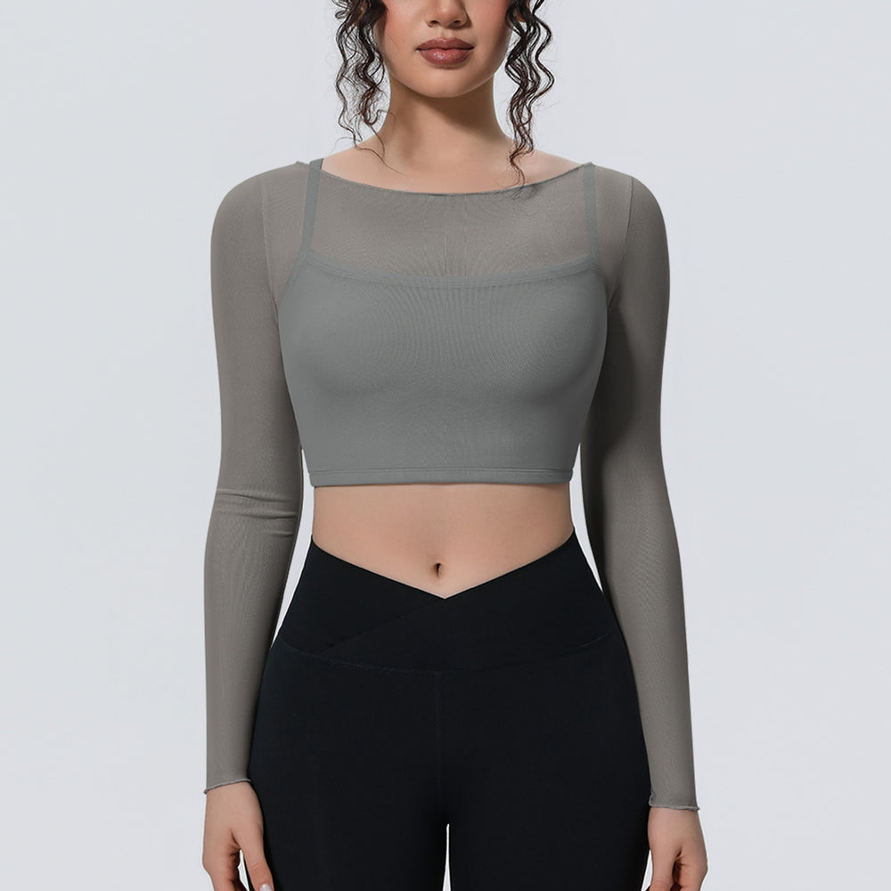 Fake two-piece mesh sports long sleeves t-shirt for women with chest pad, yoga wear tops, quick-drying slimming look outwear fitness wear