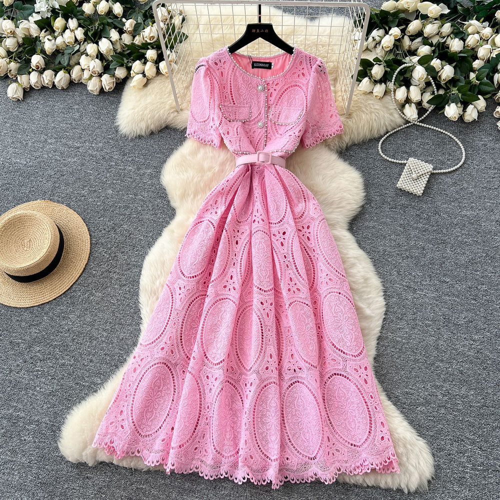 Frenchclassy small fragrant style heavy industry beading round neck short sleeve strap waist cut out crochet lacedress for women