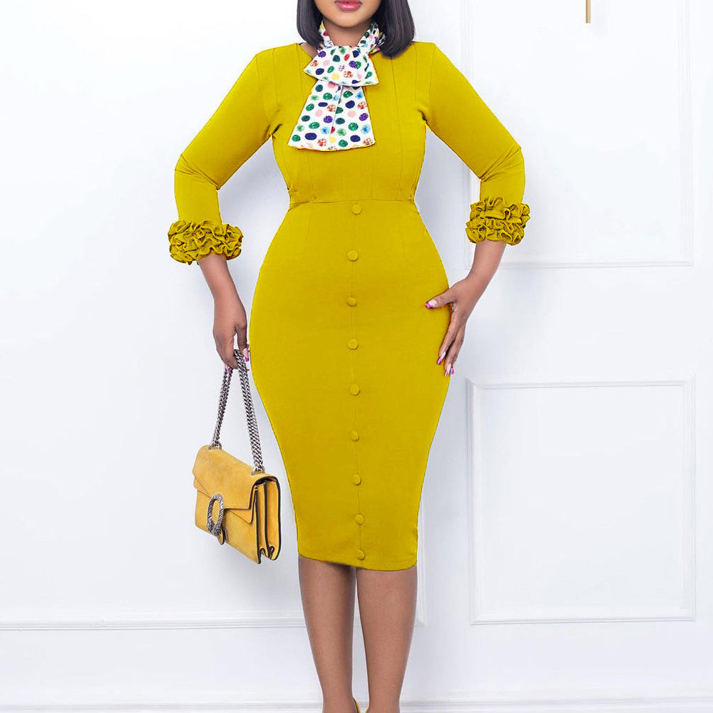 D281 european and american women's clothing  summer new arrival solid color slit professional bodycon ol pencil skirt scarf cross-border dress