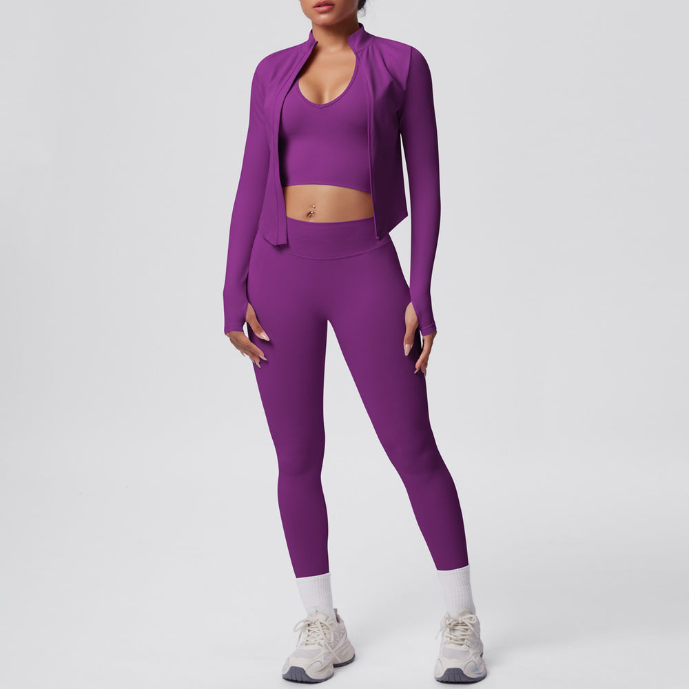 Seamless solid color compression breathable high-elastic yoga set - 3 piece workout outfit for running, fitness, and yoga