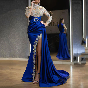2025 spring/summer new arrivals: european and american style women's blue and gold splatter print crew neck dress - sexy patchwork evening gown maxi dress