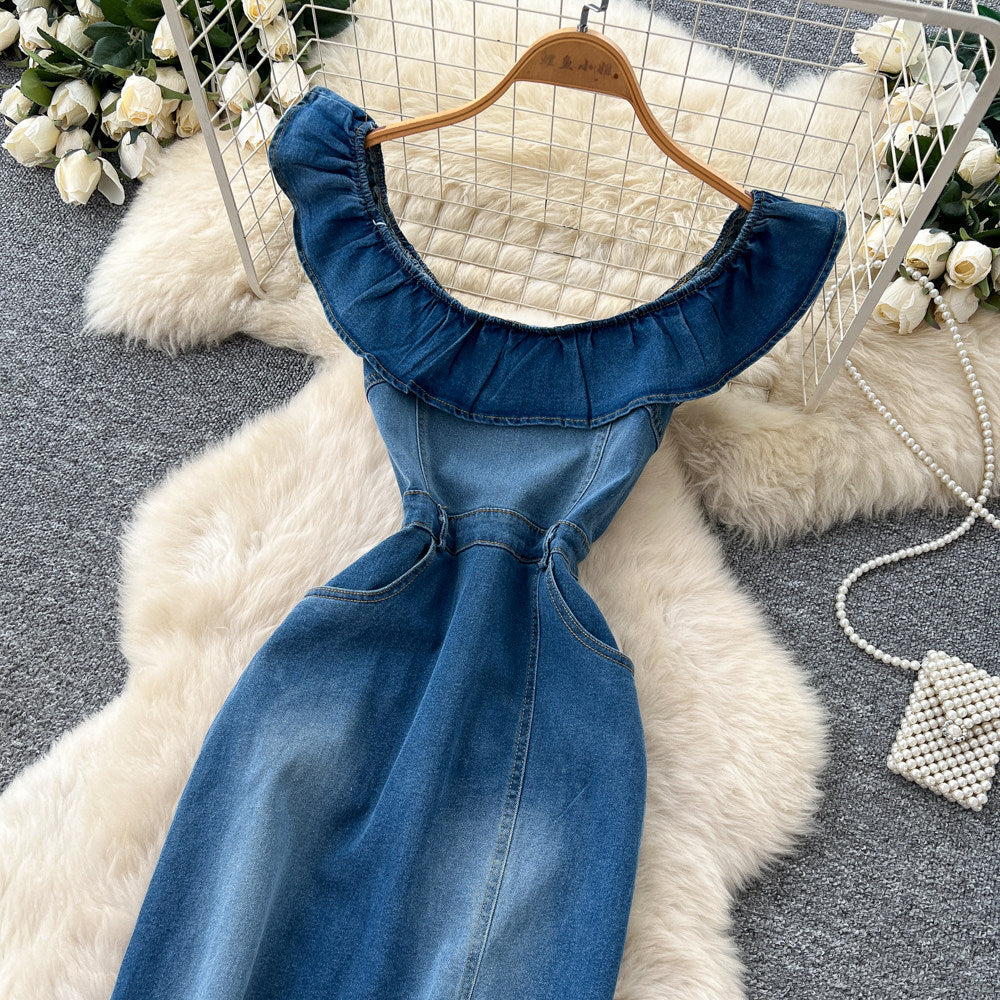 K-style silmslimming lookcasual denim dress women's summerruffle collar waist slimming looka-line long skirt work clothing