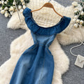K-style silmslimming lookcasual denim dress women's summerruffle collar waist slimming looka-line long skirt work clothing
