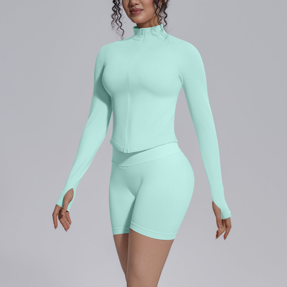 seamless pure color tight high elastic breathable stand collar zipper outwear sports running fitness yoga suit for women