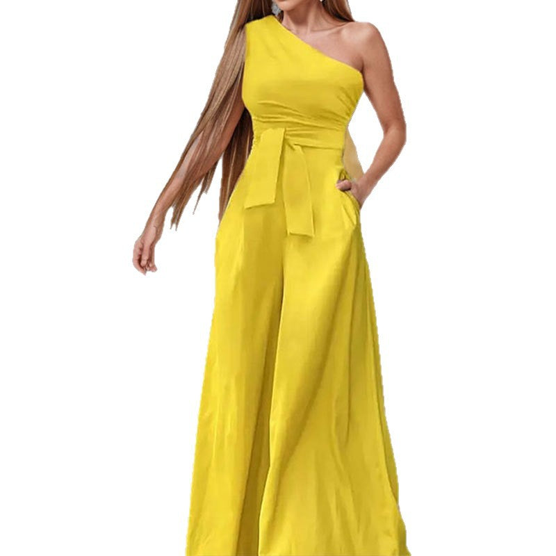 cross-border e-commerce women's fashion: european and american summer new arrivals - stylish and elegant solid color one-shoulder tie-up wide-leg jumpsuit