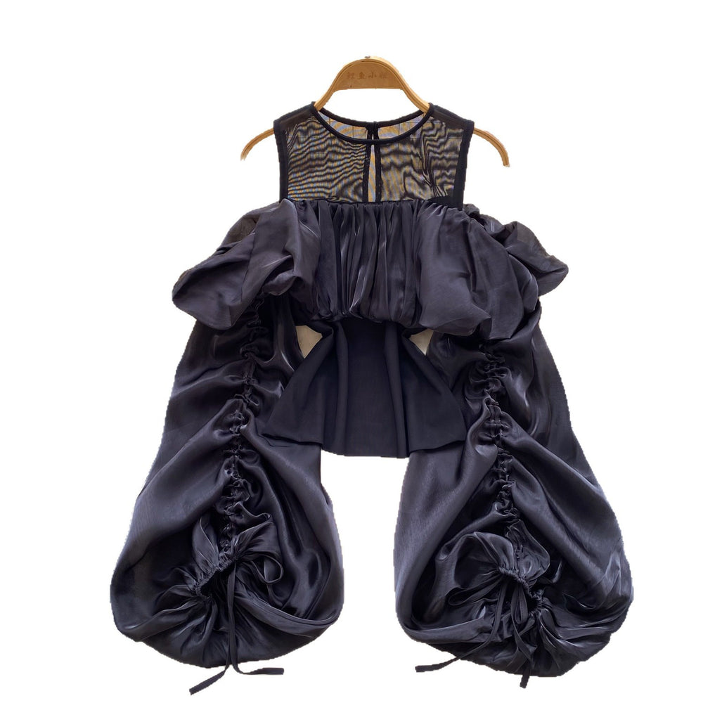 K-style off-shoulder satin gaoze puff sleeve shirt for women springsense of design pleatedtops to cover the flesheasiest for matchwork clothing