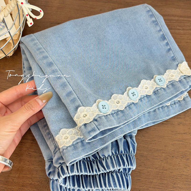 New girls' cropped blue button-front denim shorts: stylish, high-quality, trendy summer casual wear for baby girls