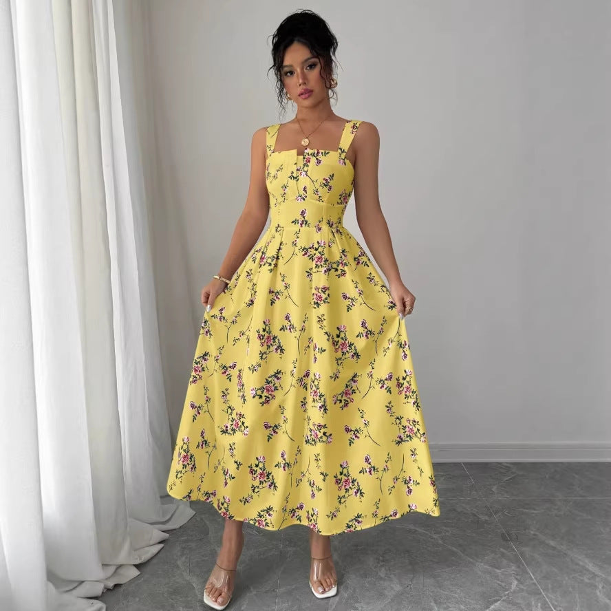 autumn european and american  cross-border e-commerce new solid color sleeveless square neck printed backless slit dress