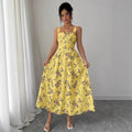autumn european and american  cross-border e-commerce new solid color sleeveless square neck printed backless slit dress