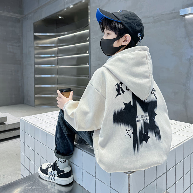 Kids' spring outfit:  new boys' hooded sweatshirt - stylish, trendy, and versatile top for mid-to-large children - perfect spring base layer