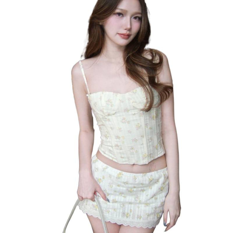 European and american women's clothing  summer new fashion sweet and fresh vacation style floral print cami top and mini skirt set