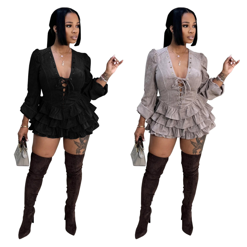 C7549 cross-border   fashion women's elegant fresh style tie-up ruffle hem dress - new arrival