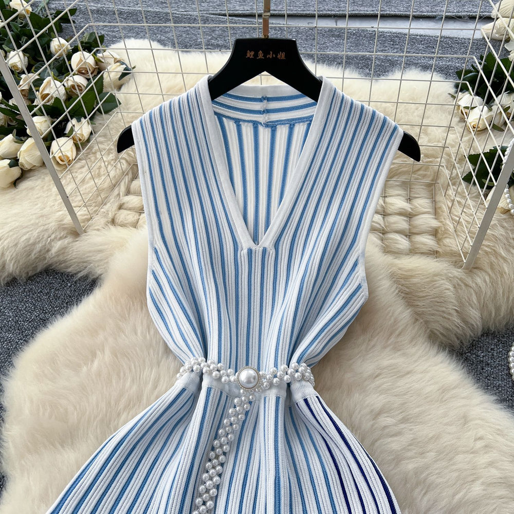 European and american style sleeveless knitted striped dress - women's summer asymmetrical neck belted midi dress - mature and chic