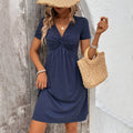 fashion cross-border sexy v neck waist twist short sleeve casual skirt pure color vacationdress