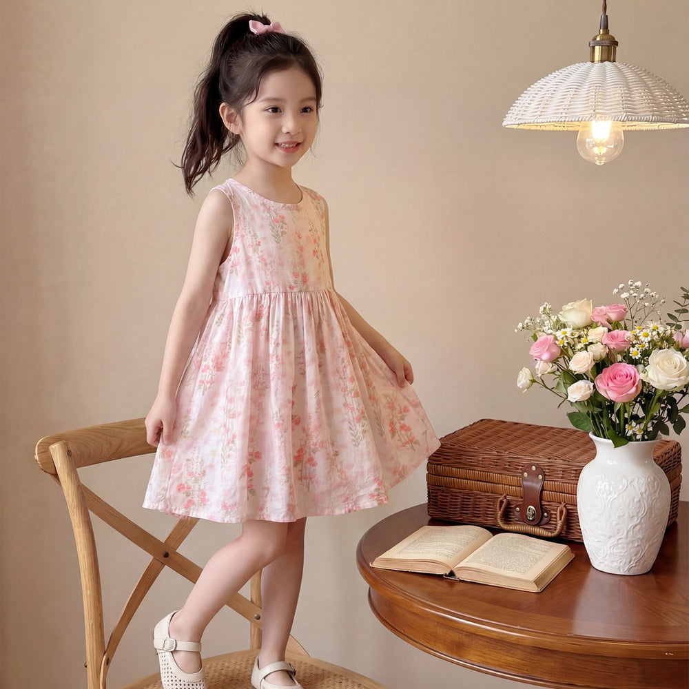 New girls' summer floral cotton silk dress - baby girl casual sweet style princess dress - stylish and trendy children's clothing
