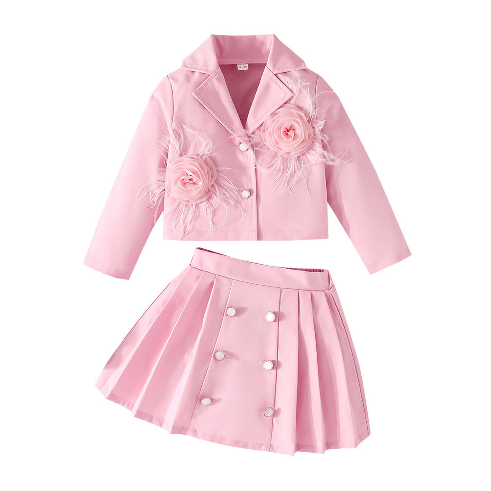 girls' solid color preppy style outfit: new autumn 3d floral blazer + pleated skirt set
