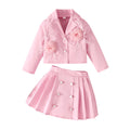 girls' solid color preppy style outfit: new autumn 3d floral blazer + pleated skirt set