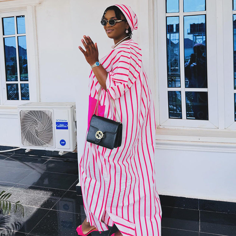 European and american cross-border women's fashion:  autumn/winter v-neck pink striped short-sleeve loose fit long plus size dress