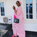 European and american cross-border women's fashion:  autumn/winter v-neck pink striped short-sleeve loose fit long plus size dress