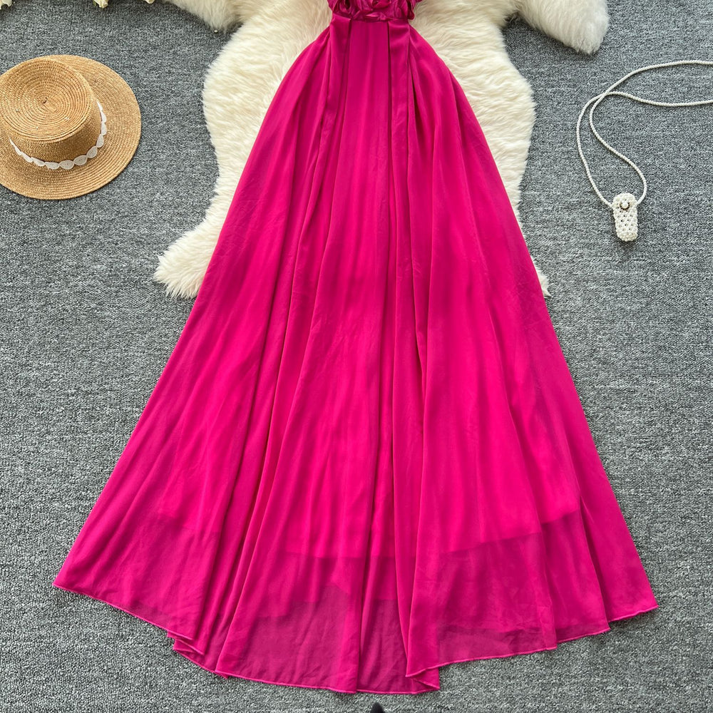 Fuchsia dress women's summer french style 3d floral sleeveless cinched waist slimming elegant long mesh party dress